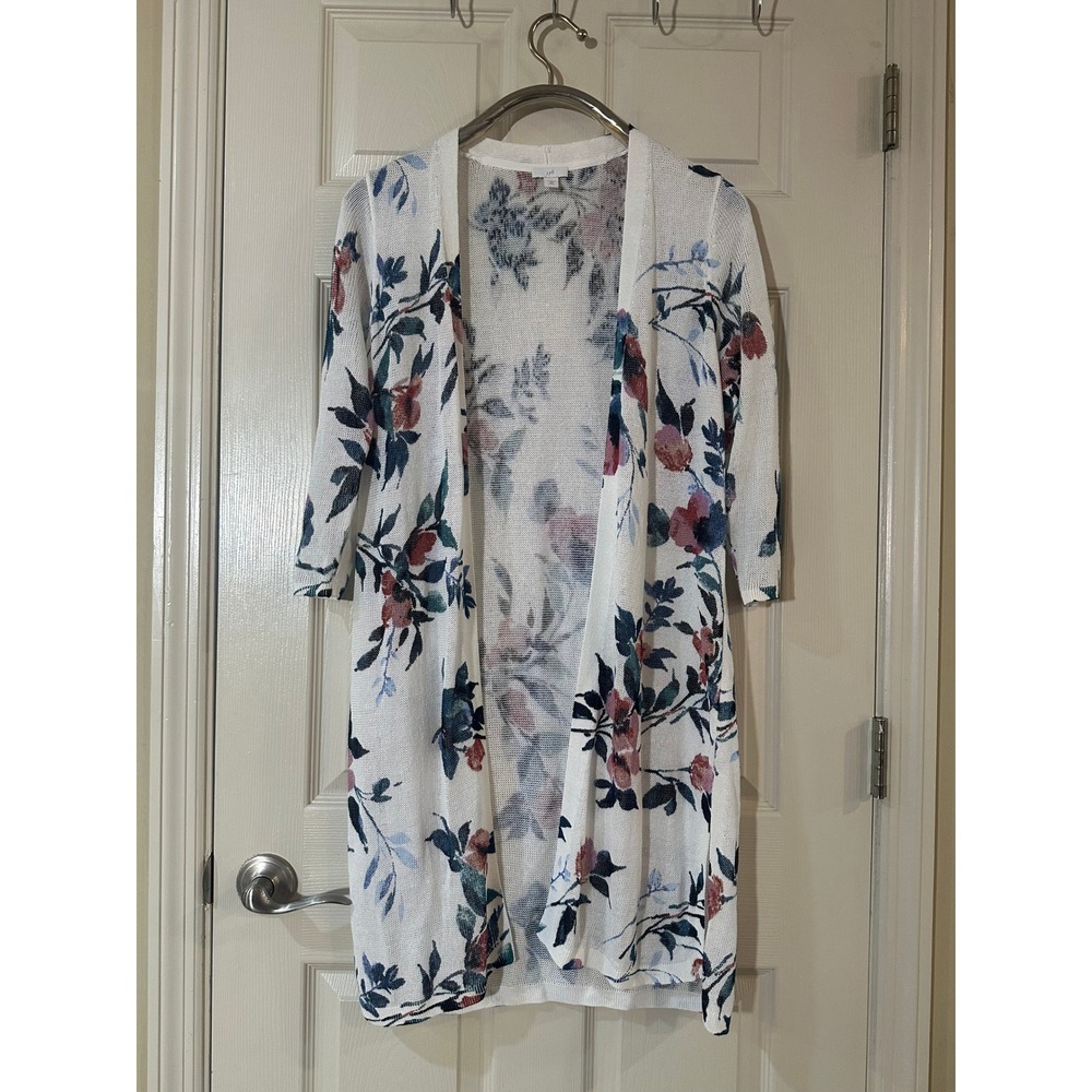 J. Jill Floral Linen Blend Longline Cardigan Duster White Blue‎ XS Petite